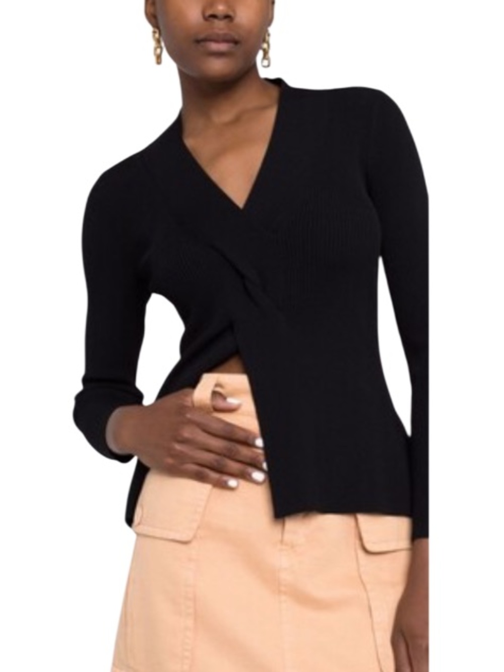 Sandro Louane Twist Front V Neck Black Sweater